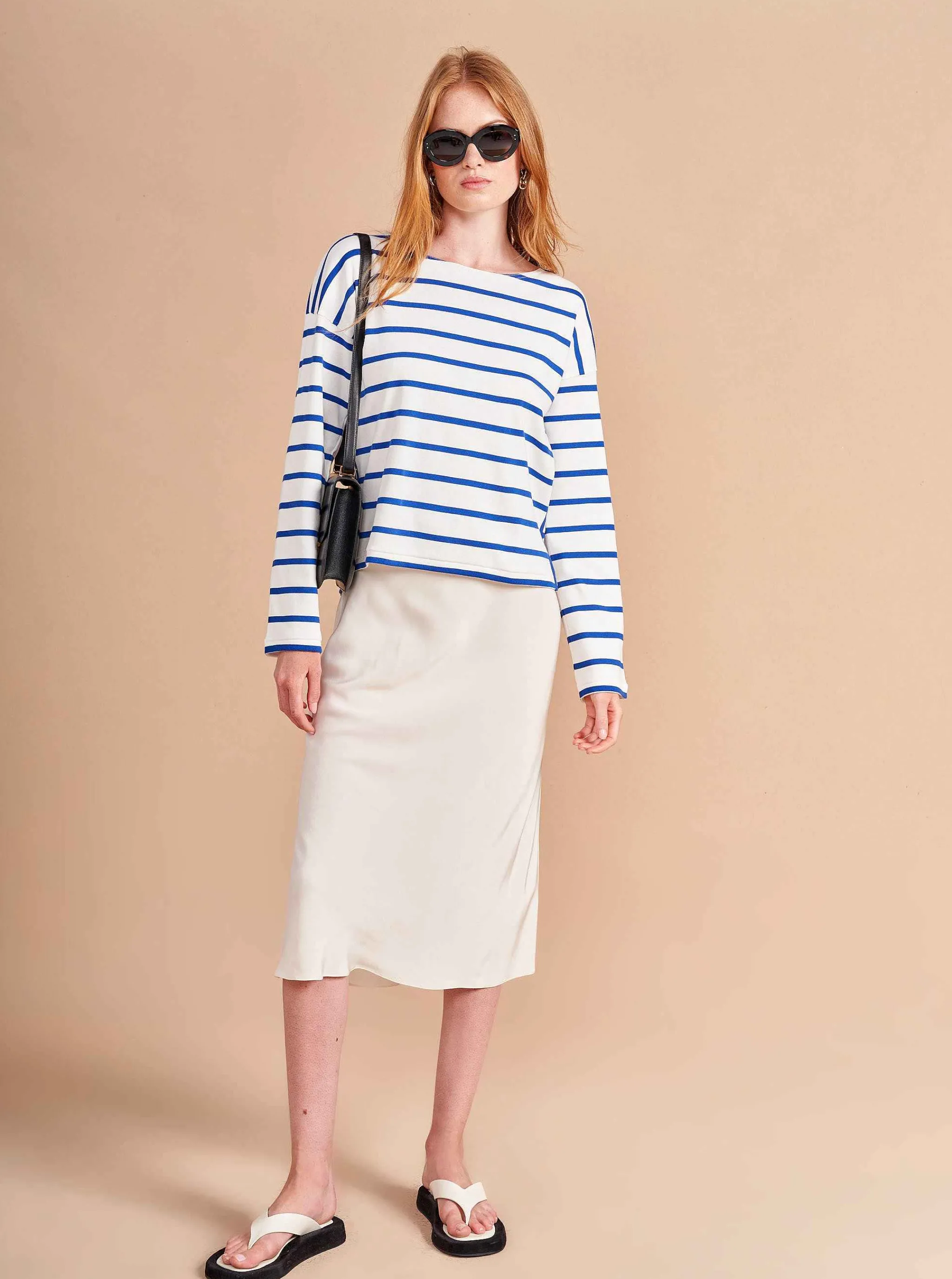La Ligne Tops*Breton Long Sleeve Tee Ivory/Cobalt