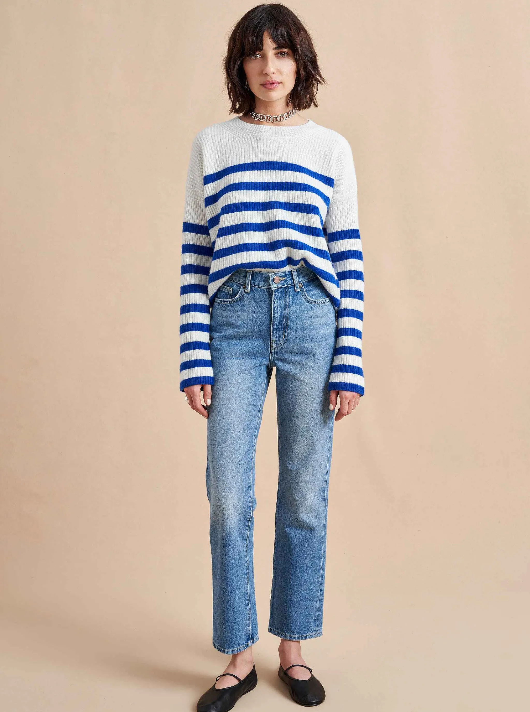 La Ligne Sweaters*Mini Striped Toujours Sweater Cream/Cobalt