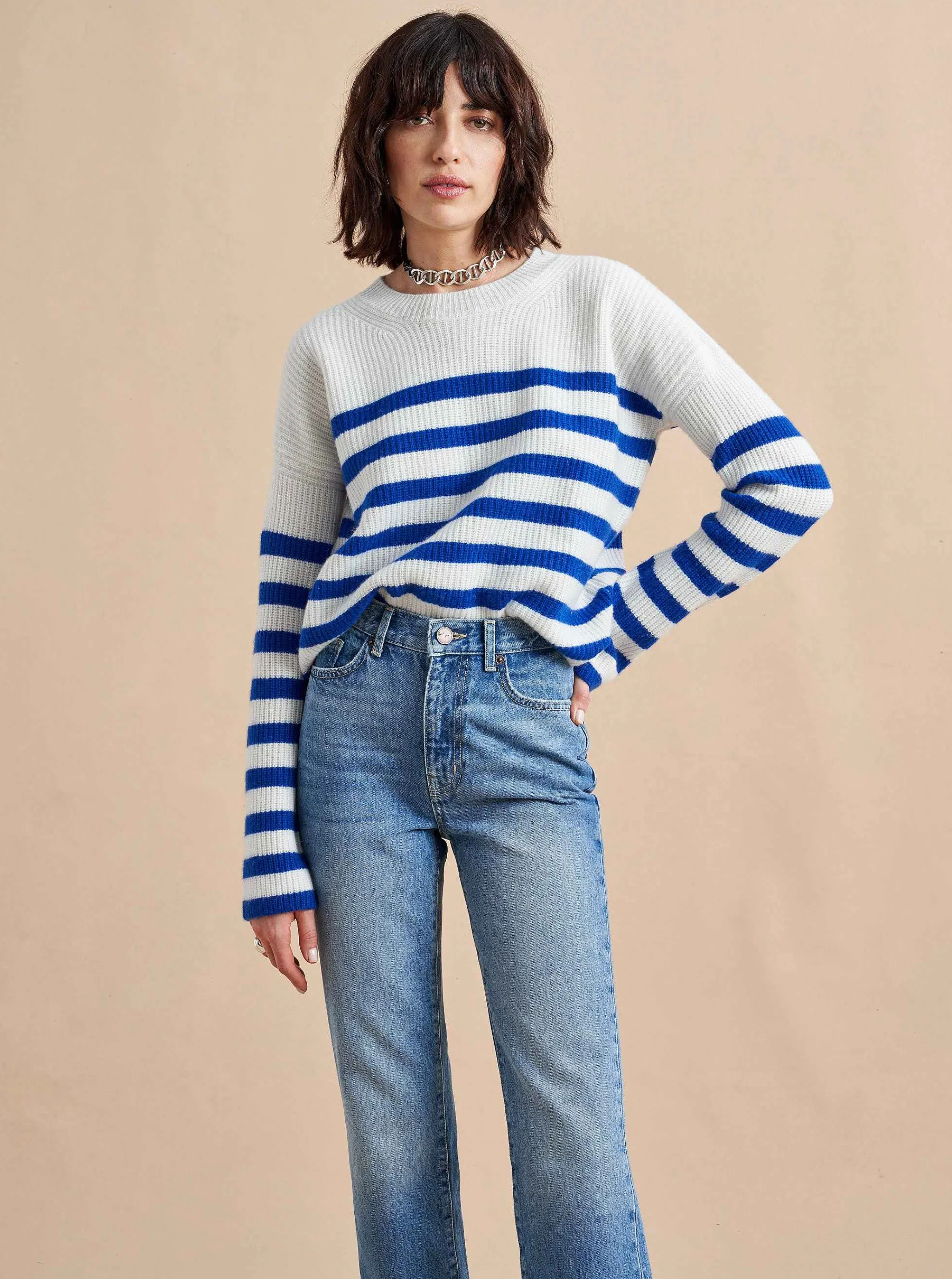 La Ligne Sweaters*Mini Striped Toujours Sweater Cream/Cobalt