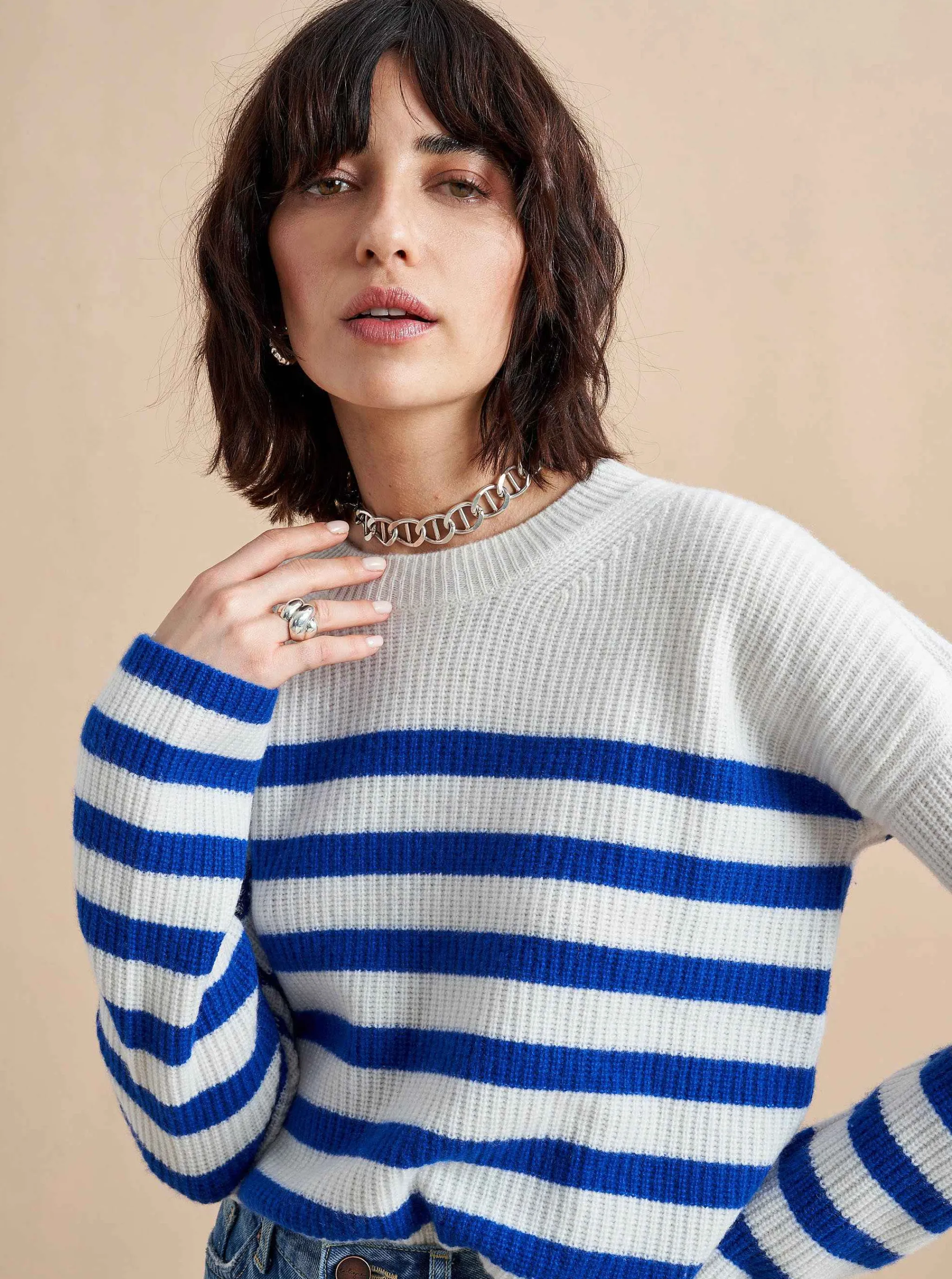 La Ligne Sweaters*Mini Striped Toujours Sweater Cream/Cobalt