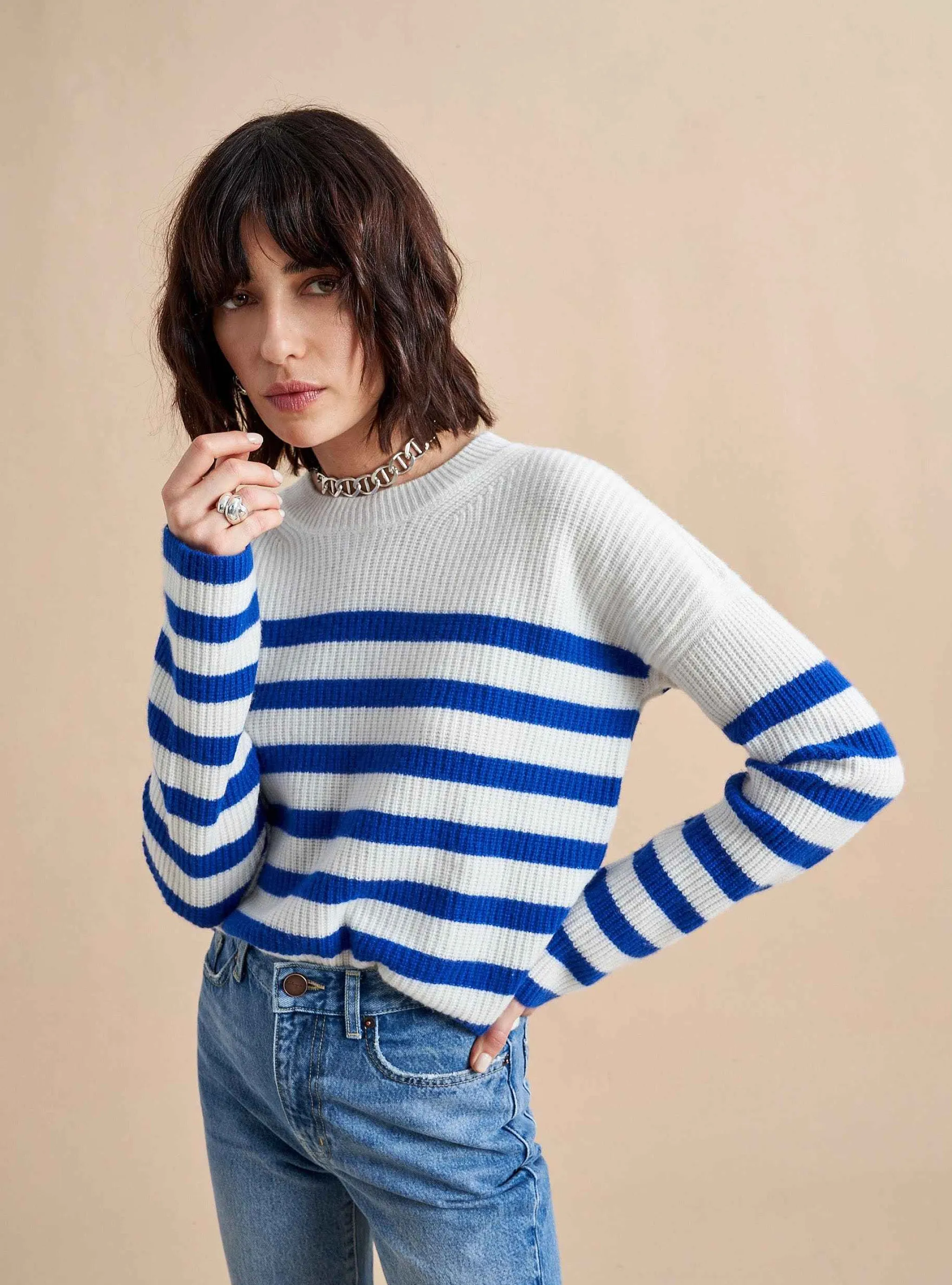 La Ligne Sweaters*Mini Striped Toujours Sweater Cream/Cobalt