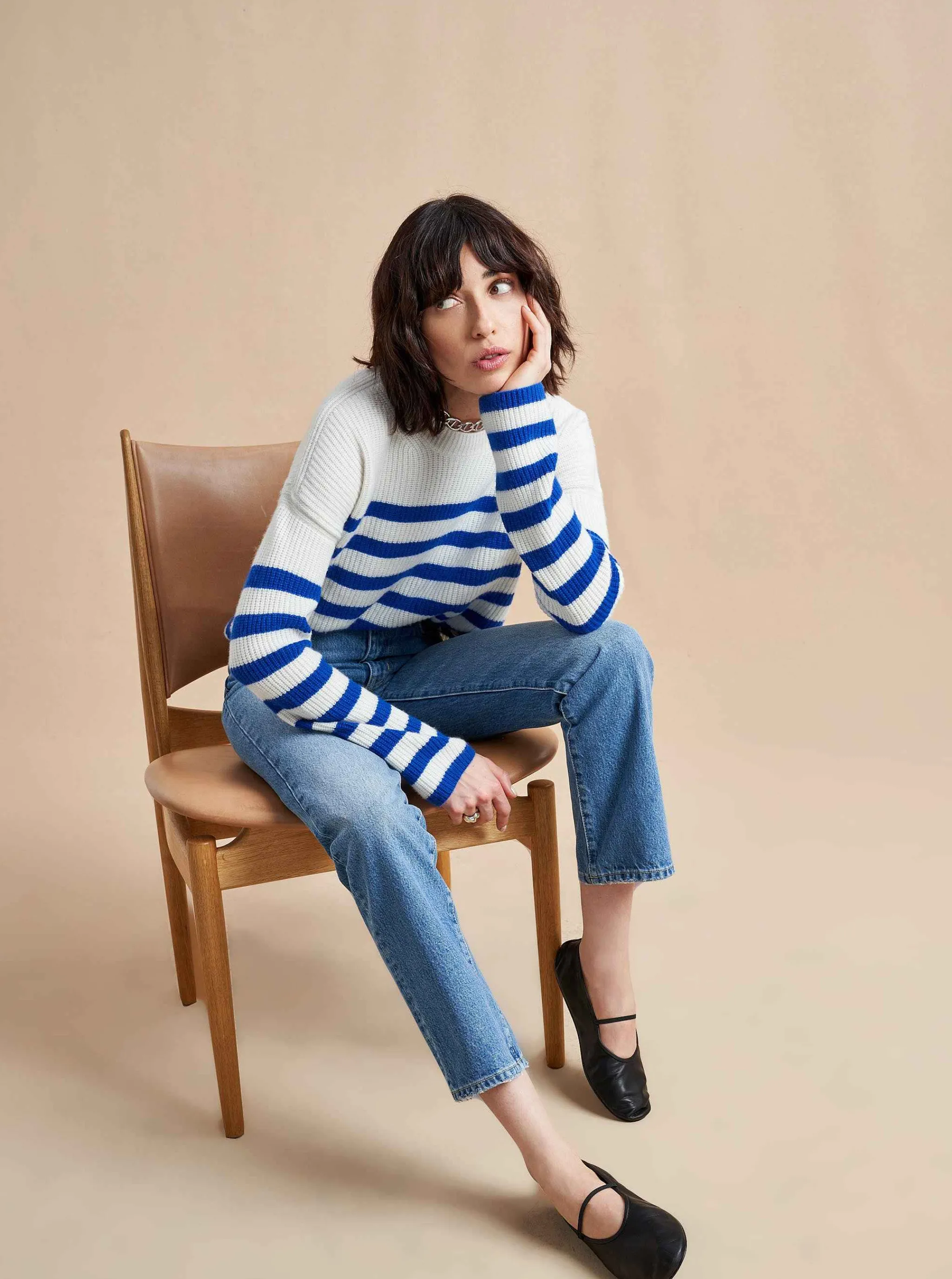 La Ligne Sweaters*Mini Striped Toujours Sweater Cream/Cobalt