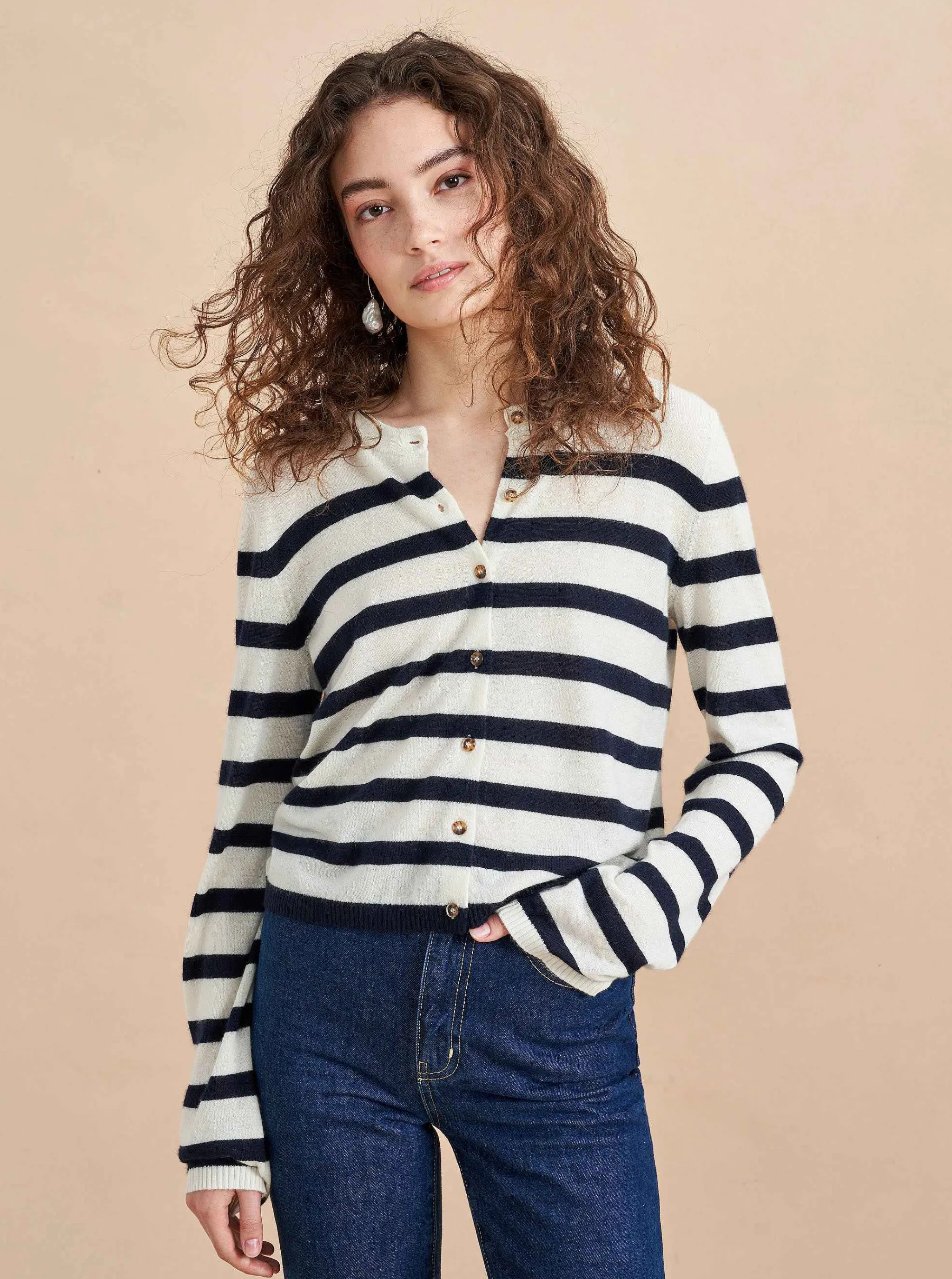 La Ligne Cardigans*Striped Featherweight Cardigan Cream/Navy