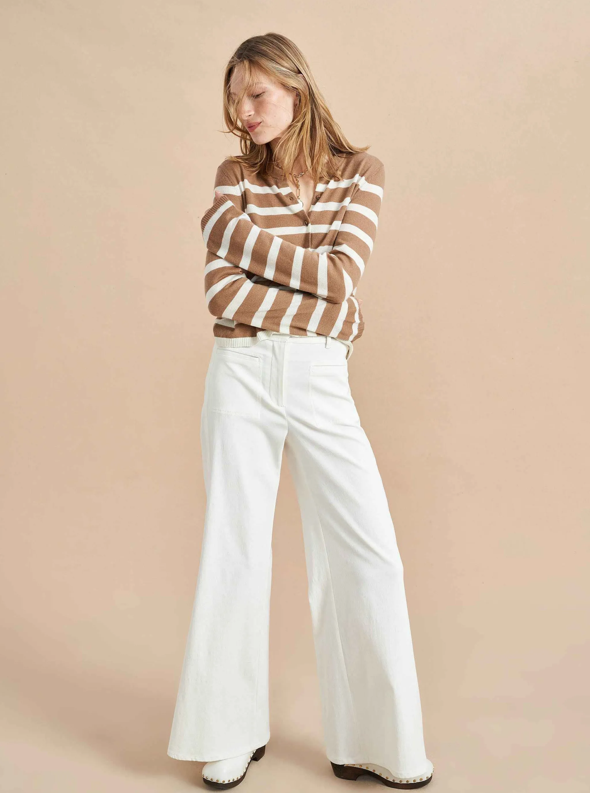 La Ligne Cardigans*Striped Featherweight Cardigan Tan/Cream