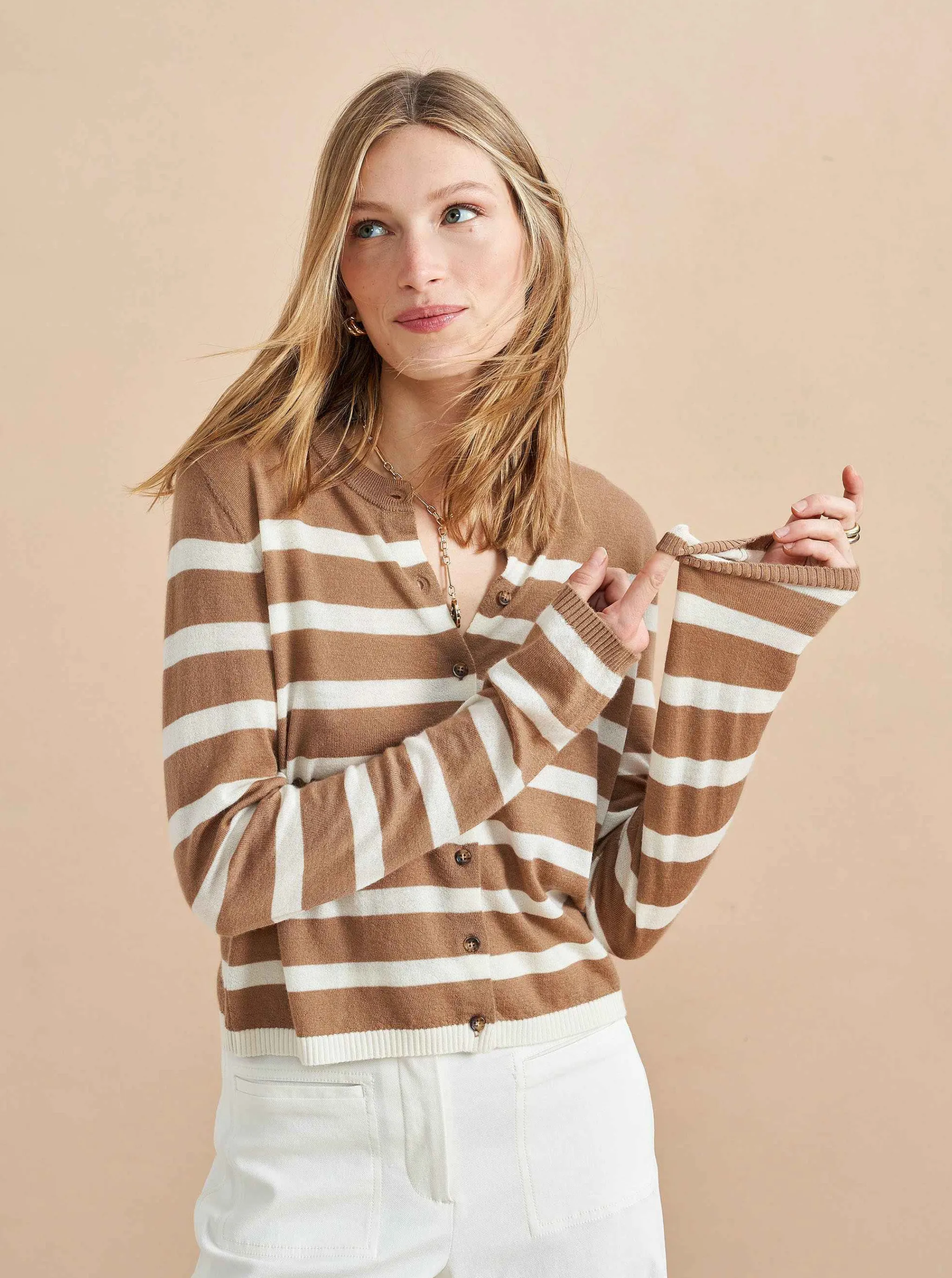 La Ligne Cardigans*Striped Featherweight Cardigan Tan/Cream