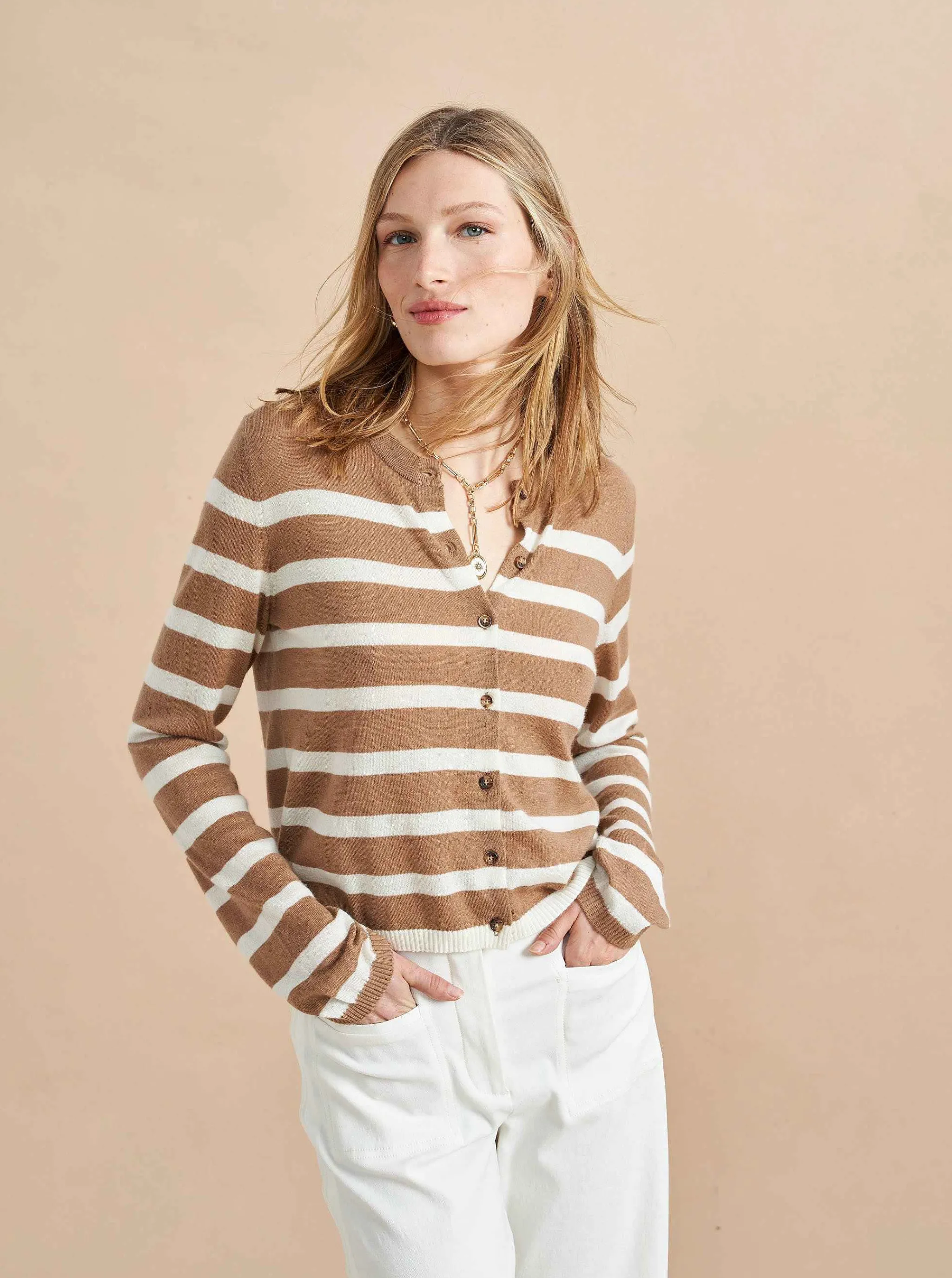 La Ligne Cardigans*Striped Featherweight Cardigan Tan/Cream