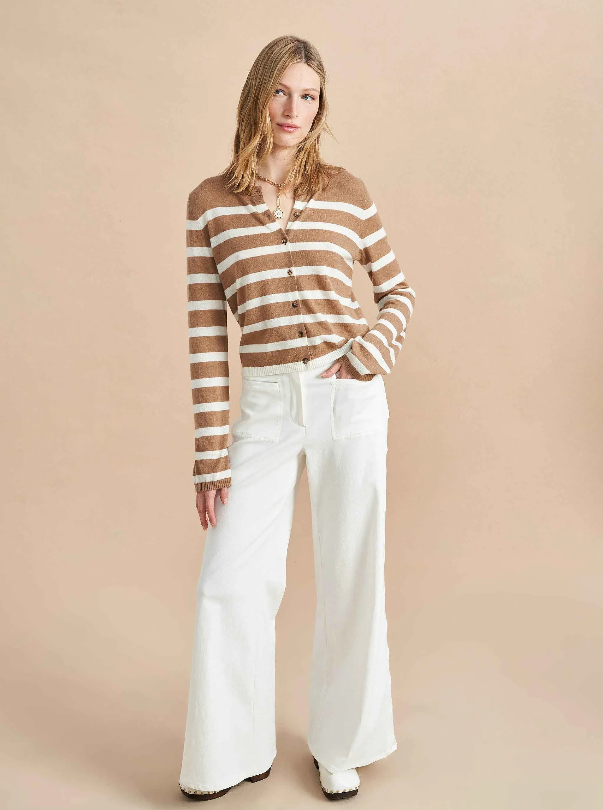 La Ligne Cardigans*Striped Featherweight Cardigan Tan/Cream